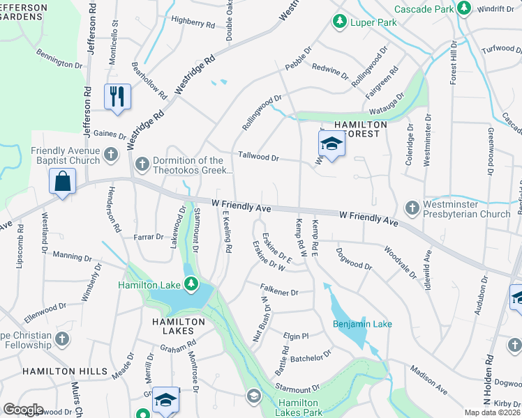 map of restaurants, bars, coffee shops, grocery stores, and more near 204 Erskine Drive in Greensboro