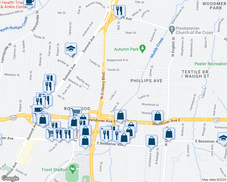 map of restaurants, bars, coffee shops, grocery stores, and more near 1231 Lolly Lane in Greensboro