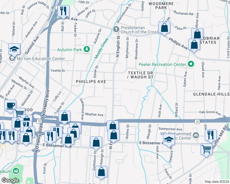 map of restaurants, bars, coffee shops, grocery stores, and more near 1110 North English Street in Greensboro