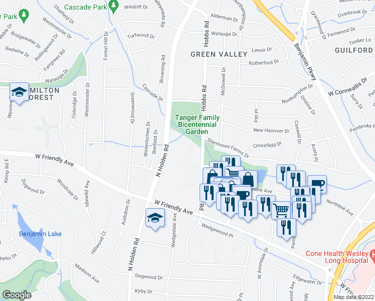 map of restaurants, bars, coffee shops, grocery stores, and more near 3414 Northline Avenue in Greensboro