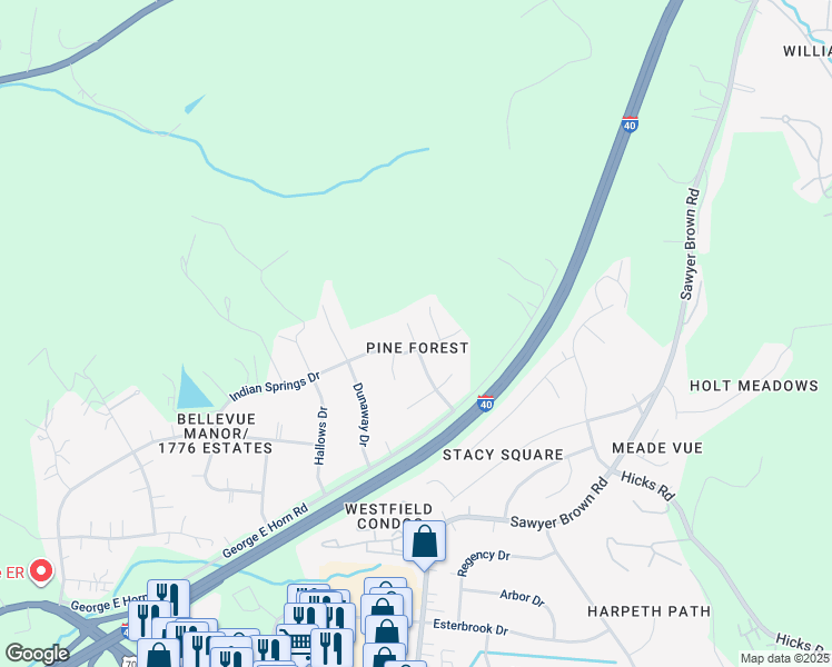 map of restaurants, bars, coffee shops, grocery stores, and more near 8036 Pine Forest Drive in Nashville