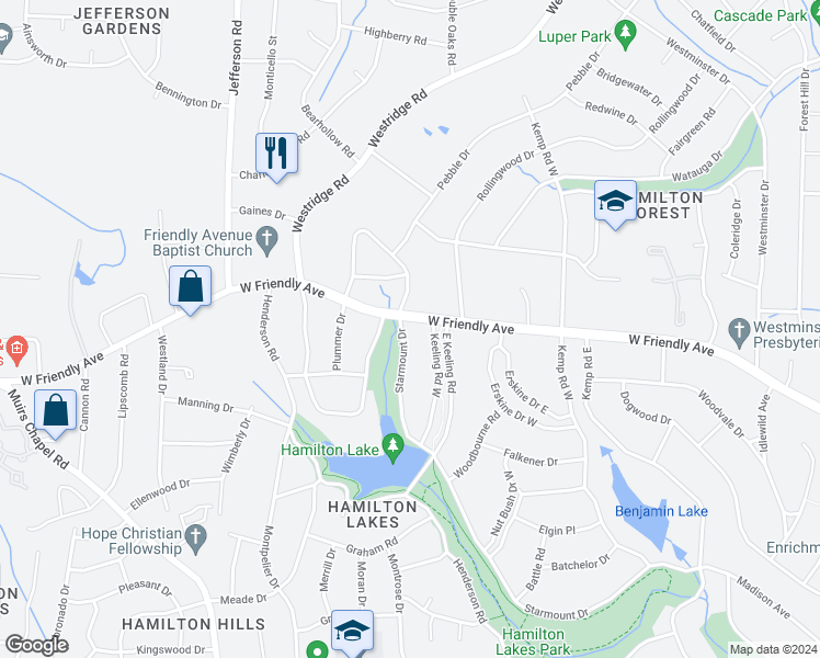 map of restaurants, bars, coffee shops, grocery stores, and more near 4826 Starmount Drive in Greensboro