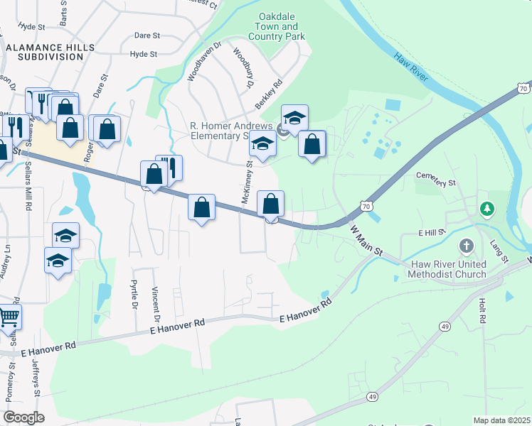 map of restaurants, bars, coffee shops, grocery stores, and more near 2618 North Church Street in Burlington