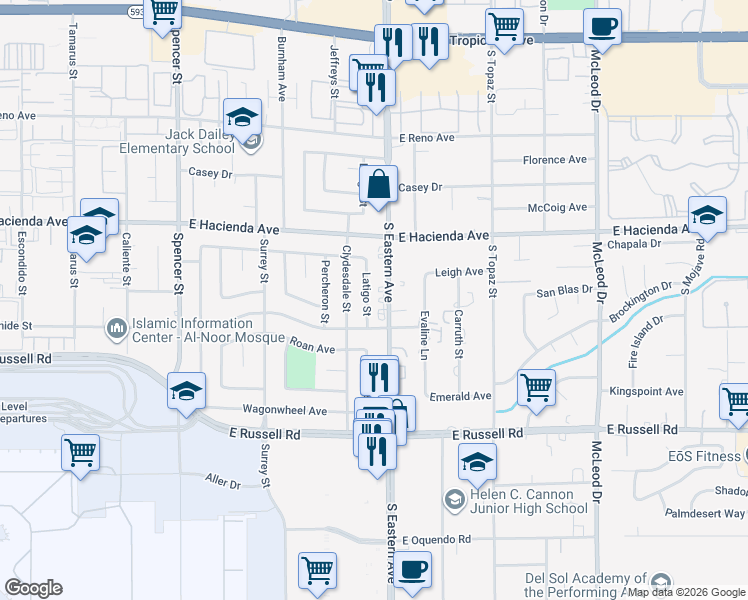 map of restaurants, bars, coffee shops, grocery stores, and more near 5401 South Eastern Avenue in Las Vegas
