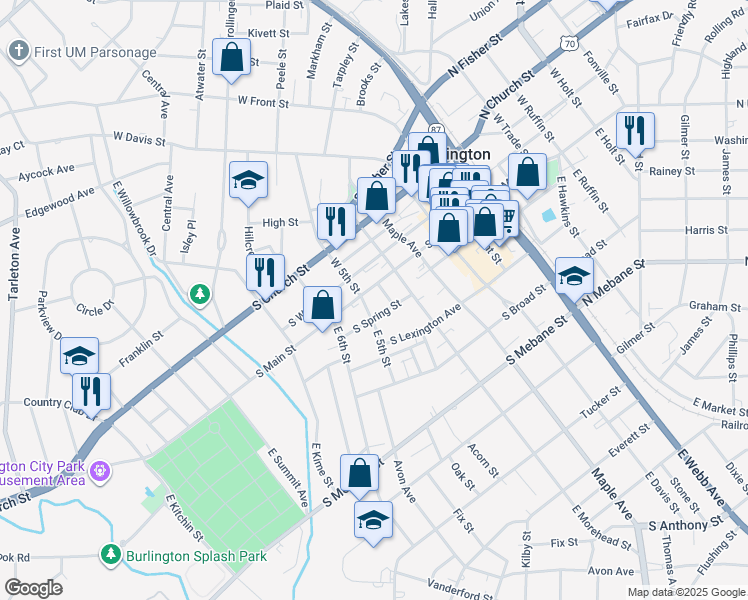 map of restaurants, bars, coffee shops, grocery stores, and more near 612 South Main Street in Burlington