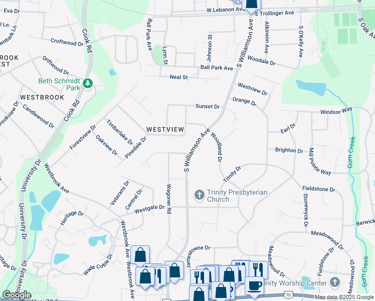 map of restaurants, bars, coffee shops, grocery stores, and more near 207 Courtland Drive in Elon