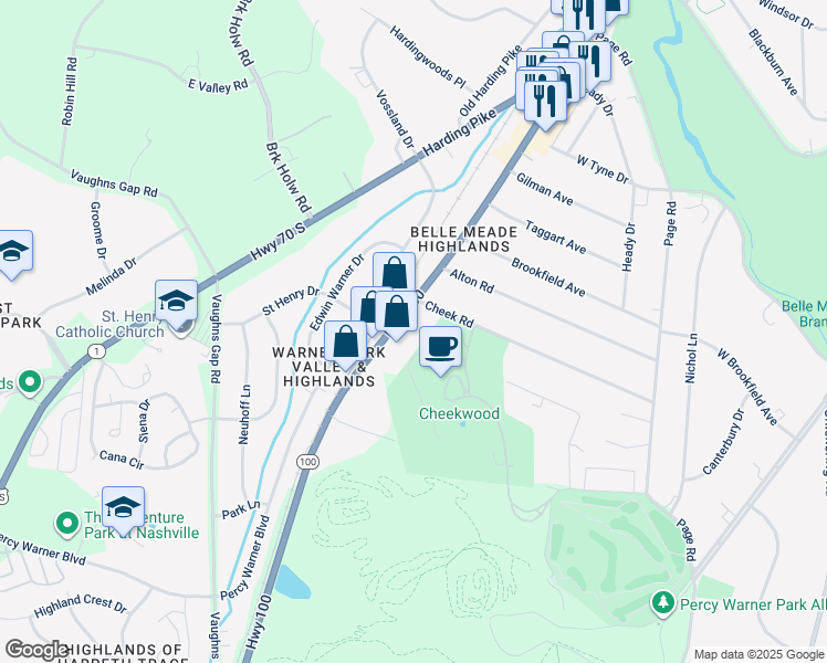 map of restaurants, bars, coffee shops, grocery stores, and more near 6514 Tennessee 100 in Nashville