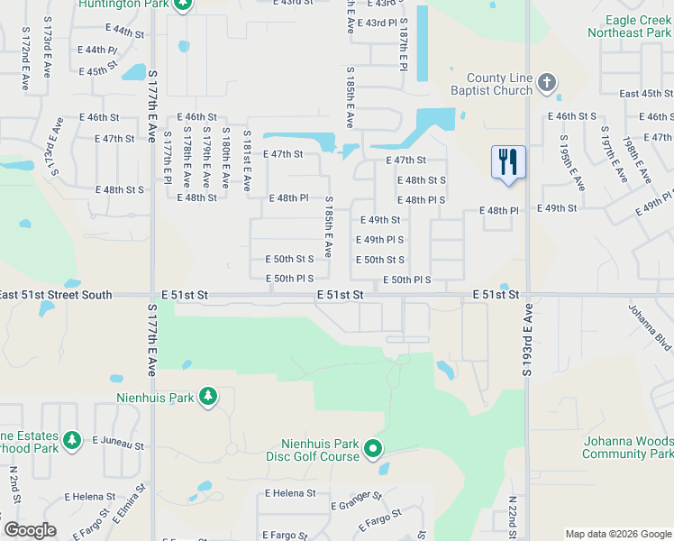 map of restaurants, bars, coffee shops, grocery stores, and more near 4938 South 186th East Avenue in Tulsa