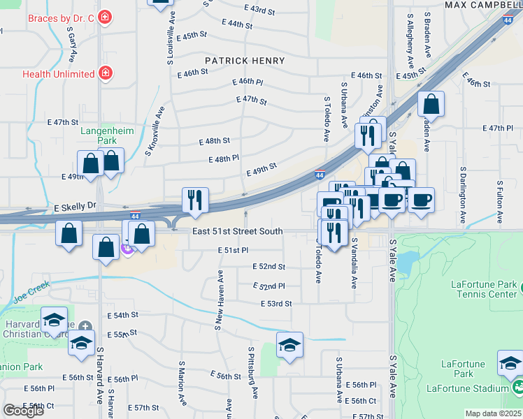 map of restaurants, bars, coffee shops, grocery stores, and more near 4200 East Skelly Drive in Tulsa