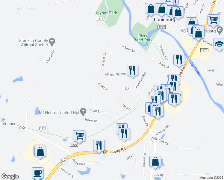 map of restaurants, bars, coffee shops, grocery stores, and more near 227 Mineral Springs Street in Louisburg