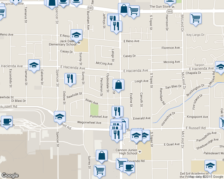 map of restaurants, bars, coffee shops, grocery stores, and more near 5433 Latigo Street in Las Vegas