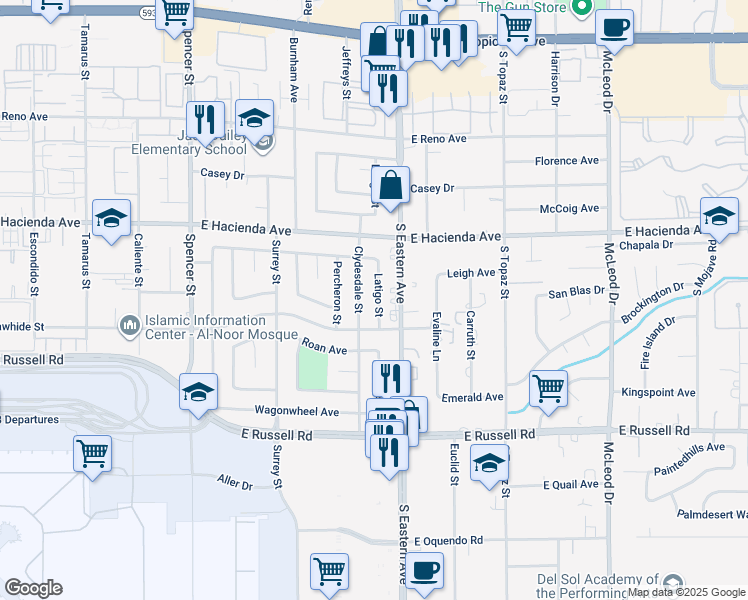 map of restaurants, bars, coffee shops, grocery stores, and more near 5433 Latigo Street in Las Vegas