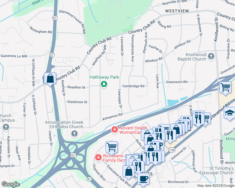 map of restaurants, bars, coffee shops, grocery stores, and more near 412 Lawndale Drive in Winston-Salem