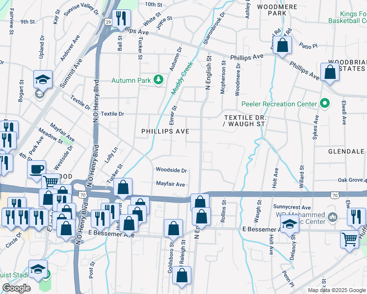 map of restaurants, bars, coffee shops, grocery stores, and more near 1101 Hickory Avenue in Greensboro