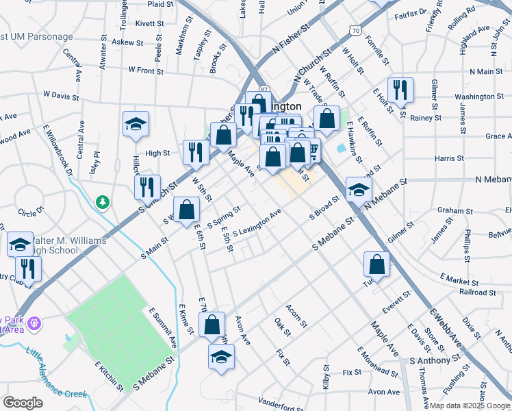map of restaurants, bars, coffee shops, grocery stores, and more near 210 East Morehead Street in Burlington