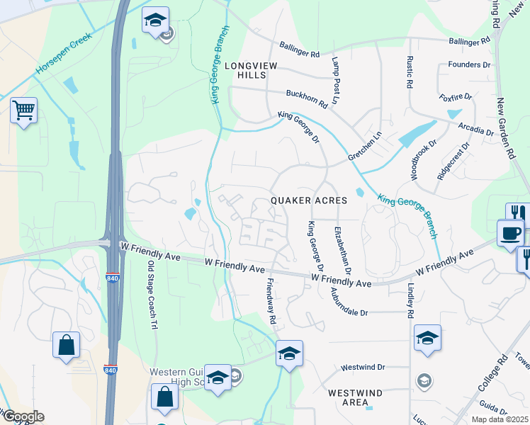 map of restaurants, bars, coffee shops, grocery stores, and more near 11 Saddleberry Way in Greensboro