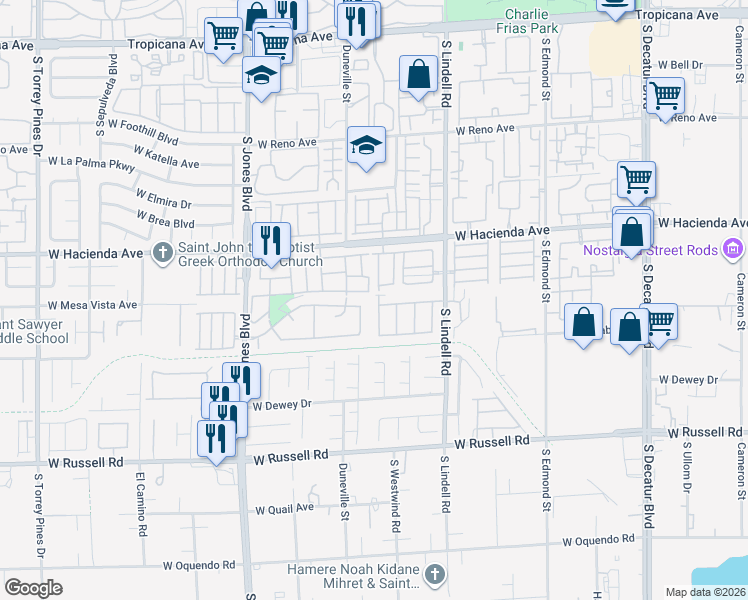 map of restaurants, bars, coffee shops, grocery stores, and more near 5409 Overland Express Street in Las Vegas