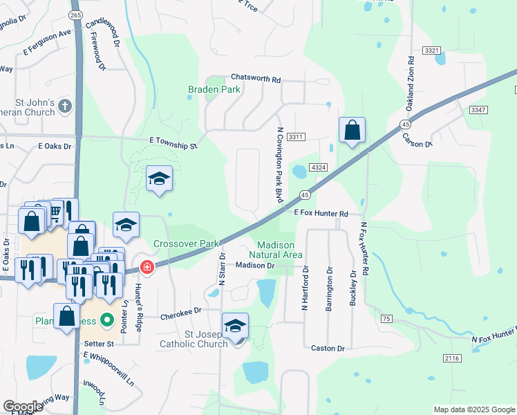 map of restaurants, bars, coffee shops, grocery stores, and more near 2233 North Blue Mesa Drive in Fayetteville