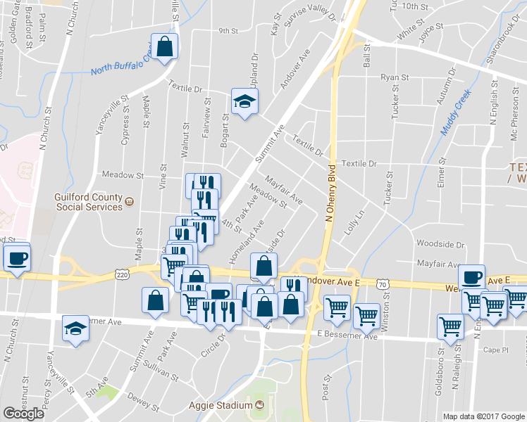map of restaurants, bars, coffee shops, grocery stores, and more near 1213 Homeland Avenue in Greensboro