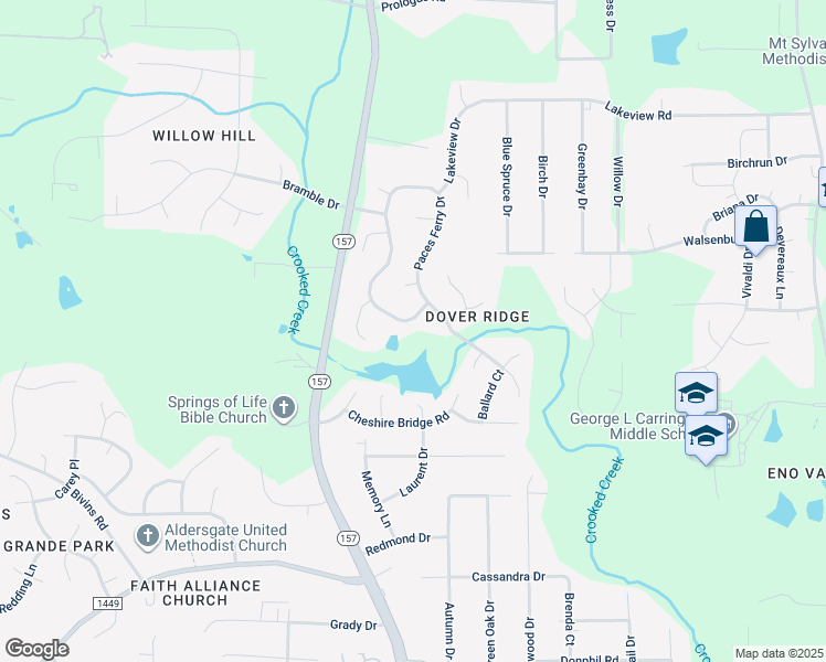 map of restaurants, bars, coffee shops, grocery stores, and more near 4509 Paces Ferry Drive in Durham