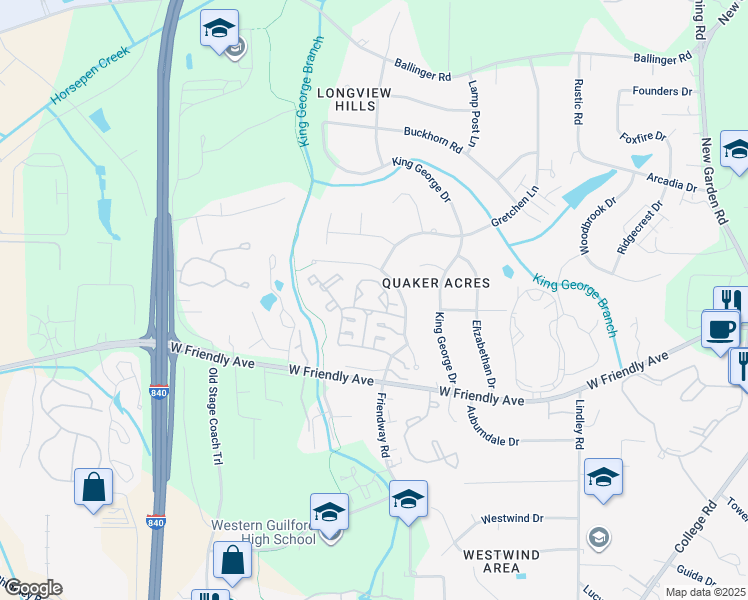 map of restaurants, bars, coffee shops, grocery stores, and more near 11 Saddleberry Way in Greensboro