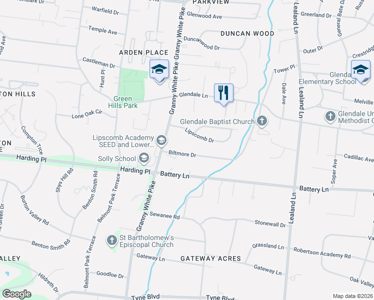map of restaurants, bars, coffee shops, grocery stores, and more near 1122 Biltmore Drive in Nashville