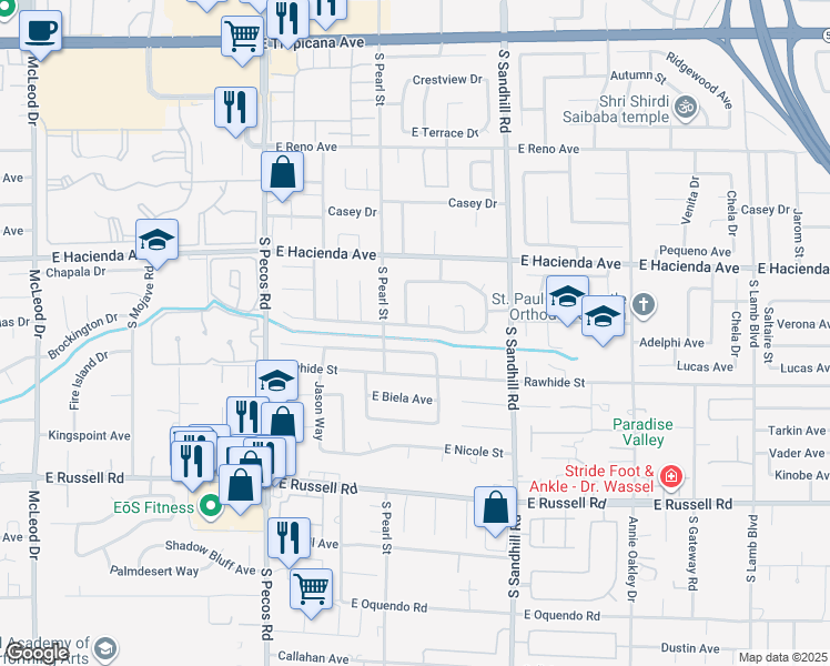 map of restaurants, bars, coffee shops, grocery stores, and more near 3651 East Brittlewood Avenue in Las Vegas