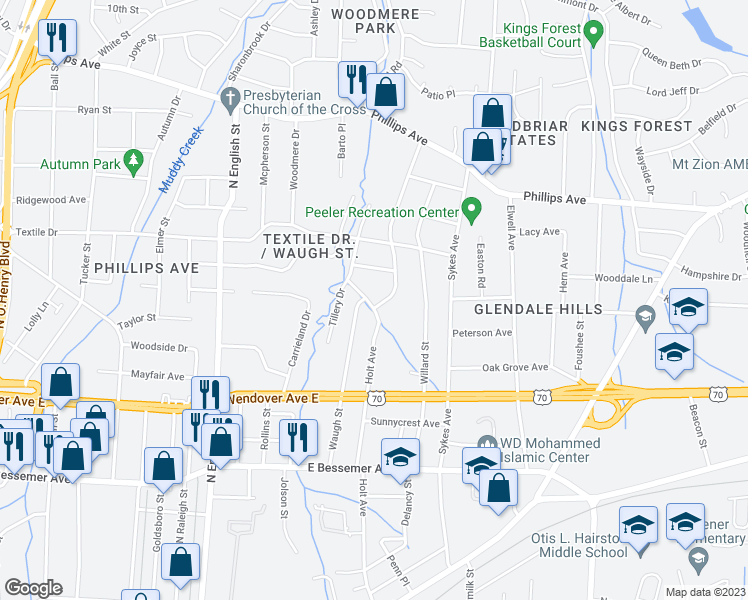map of restaurants, bars, coffee shops, grocery stores, and more near 834 Holt Avenue in Greensboro