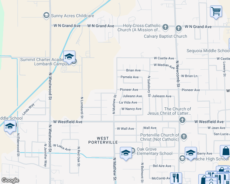 map of restaurants, bars, coffee shops, grocery stores, and more near 1387 North Mathew Street in Porterville
