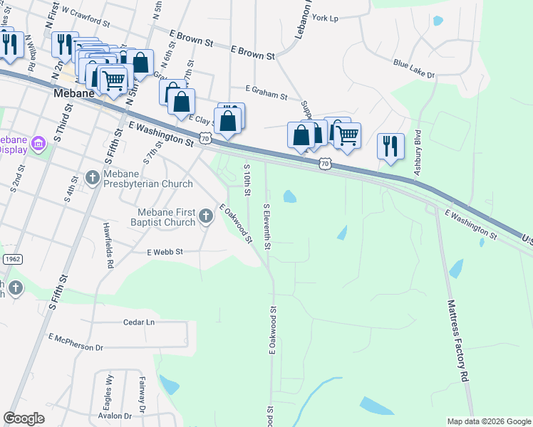 map of restaurants, bars, coffee shops, grocery stores, and more near 204 South 11th Street in Mebane