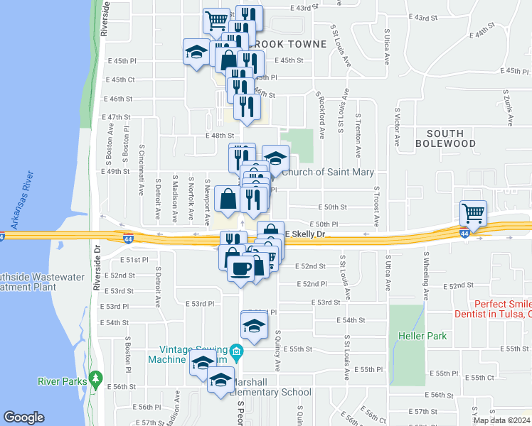 map of restaurants, bars, coffee shops, grocery stores, and more near 5000 South Quaker Avenue in Tulsa