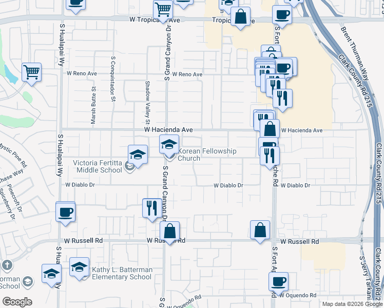 map of restaurants, bars, coffee shops, grocery stores, and more near 9732 Ridgebluff Avenue in Las Vegas