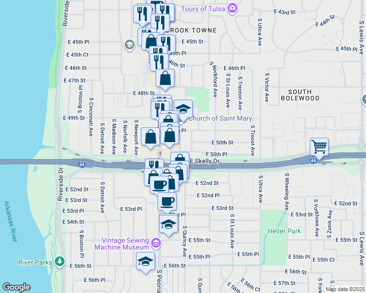 map of restaurants, bars, coffee shops, grocery stores, and more near 5007 South Quaker Avenue in Tulsa