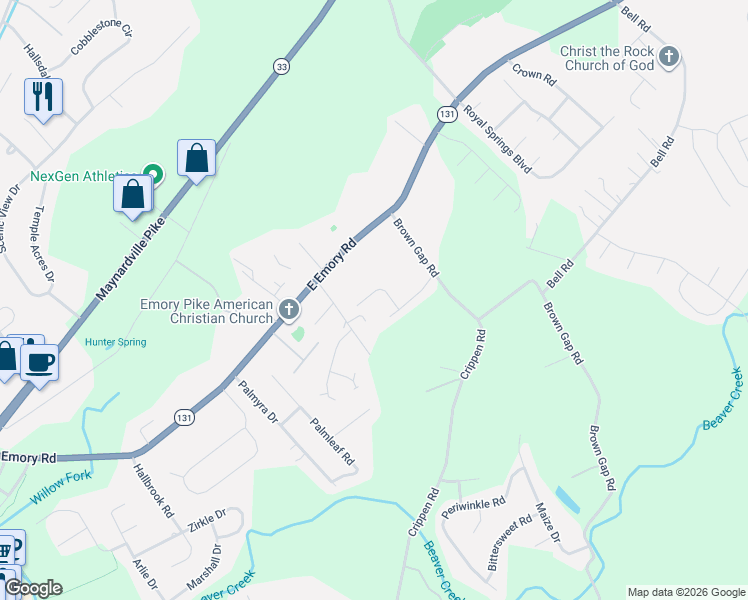 map of restaurants, bars, coffee shops, grocery stores, and more near 7424 Cascade Meadows Way in Knoxville