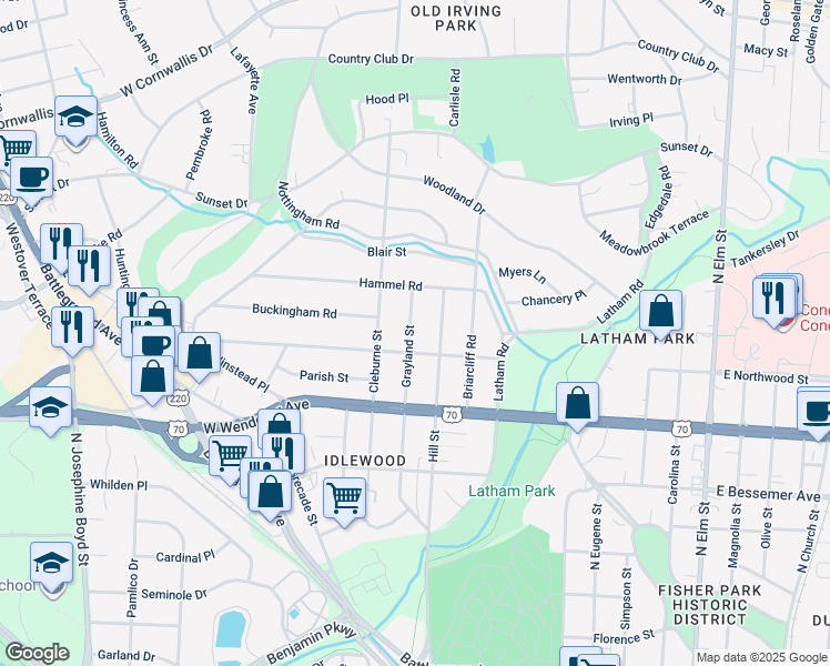 map of restaurants, bars, coffee shops, grocery stores, and more near 1206 Grayland Street in Greensboro