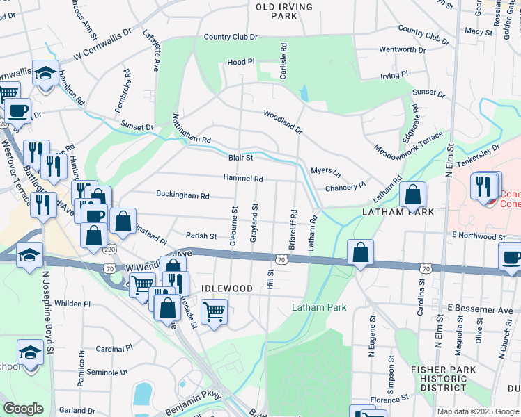 map of restaurants, bars, coffee shops, grocery stores, and more near 1206 Grayland Street in Greensboro