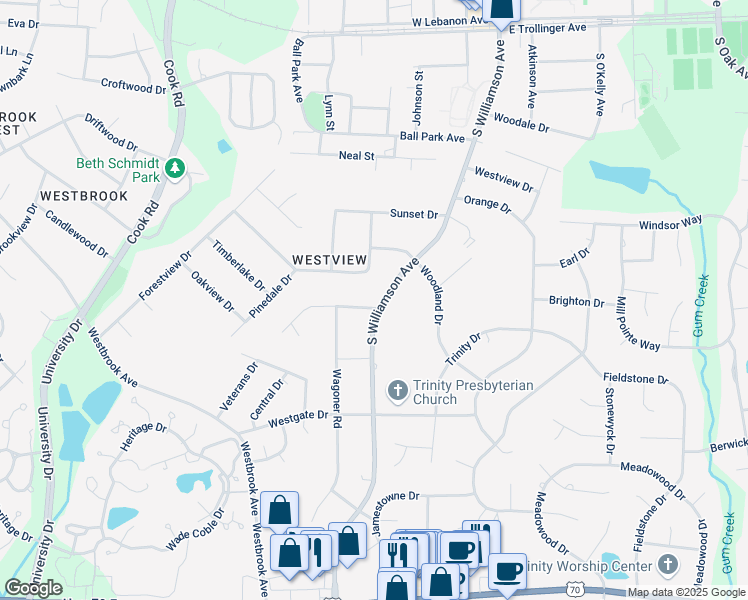 map of restaurants, bars, coffee shops, grocery stores, and more near 207 Courtland Drive in Elon