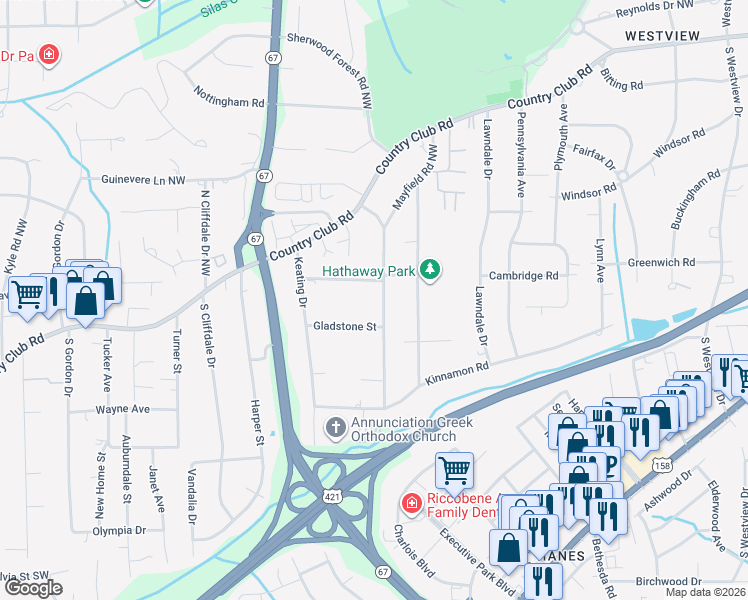 map of restaurants, bars, coffee shops, grocery stores, and more near 307 Burkewood Drive in Winston-Salem