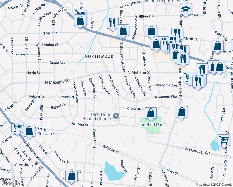 map of restaurants, bars, coffee shops, grocery stores, and more near 608 Piedmont Way in Burlington