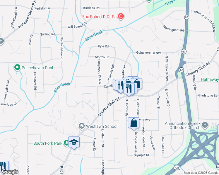 map of restaurants, bars, coffee shops, grocery stores, and more near 204 Kyle Road Northwest in Winston-Salem