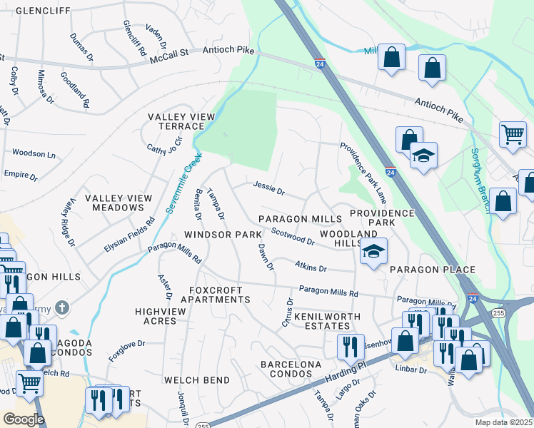 map of restaurants, bars, coffee shops, grocery stores, and more near 3808 Eckhart Drive in Nashville