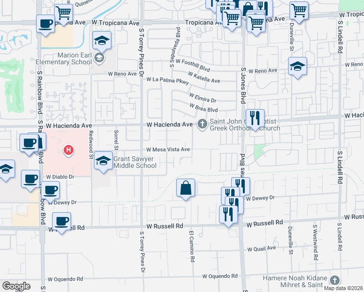 map of restaurants, bars, coffee shops, grocery stores, and more near 5350 Calgary Court in Las Vegas