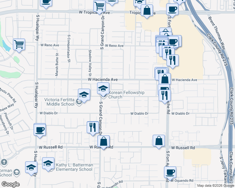 map of restaurants, bars, coffee shops, grocery stores, and more near 9732 Ridgebluff Avenue in Las Vegas