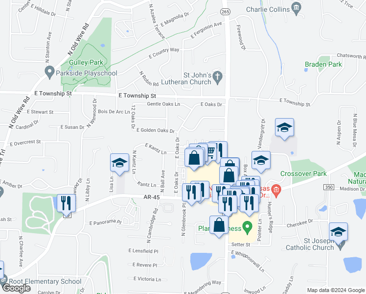 map of restaurants, bars, coffee shops, grocery stores, and more near 2530 Kantz Drive in Fayetteville