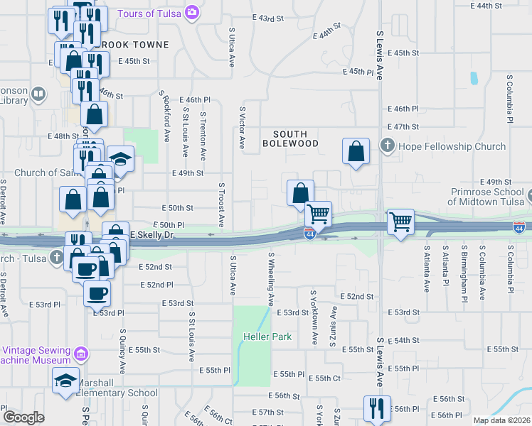 map of restaurants, bars, coffee shops, grocery stores, and more near 4849 South Victor Avenue in Tulsa