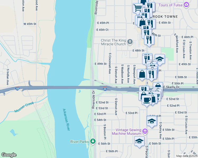 map of restaurants, bars, coffee shops, grocery stores, and more near 4941 South Boston Avenue in Tulsa