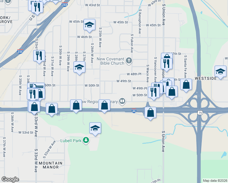 map of restaurants, bars, coffee shops, grocery stores, and more near 2135 West 51st Street in Tulsa