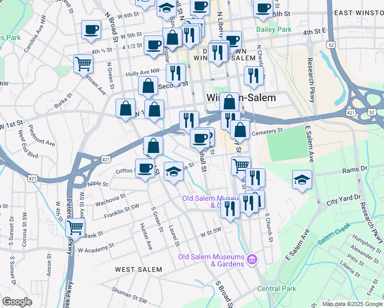 map of restaurants, bars, coffee shops, grocery stores, and more near 243 Marshall Street Southwest in Winston-Salem