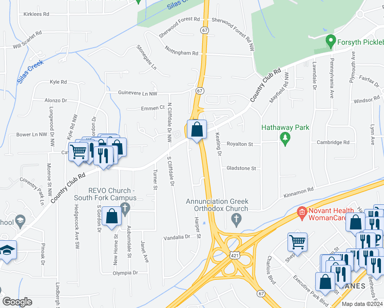 map of restaurants, bars, coffee shops, grocery stores, and more near 115 Harper Street in Winston-Salem