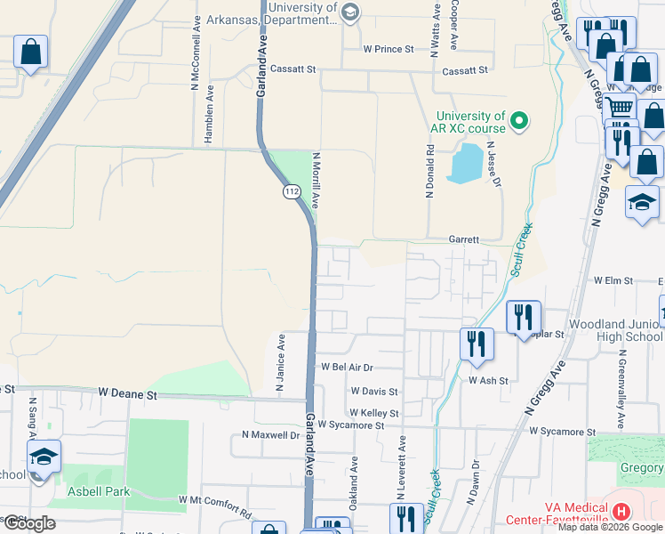 map of restaurants, bars, coffee shops, grocery stores, and more near 2138 Garland Avenue in Fayetteville